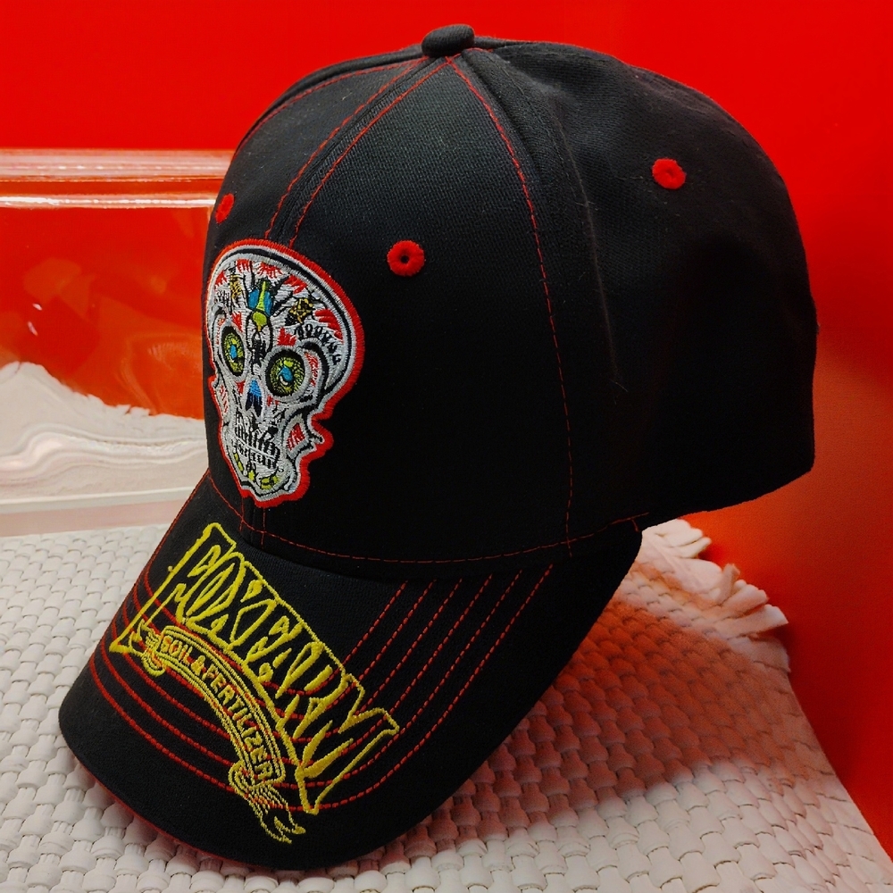FoxFarm Baseball Cap Adjustable Black Red Sugar Skull Embroidered Logo OSFM